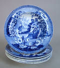 Set of 6 Staffordshire blue and white Careys Lady of the Lake soup bowls