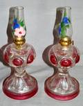 050451 PRESSED GLASS OIL LAMPS W FLORAL DESIGNS