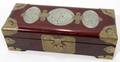 060512 CARVED JADE MEDALLION  BRASS FITTED WOOD BOX