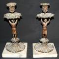 050504 BRONZE PATINA CANDLESTICKS ON MARBLE BASES