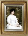 051001 ROYAL VIENNA PORCELAIN PLAQUE LADY W FLOWERS