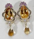 090107 CITRINE 14K GOLD SAPPHIRE  DIAMOND EARRINGS