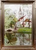 082110 RUSSIAN OIL ON CANVAS BRIDGE  STEEPLE