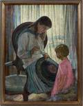ROY C GAMBLE OIL CANVAS WOMAN SEWING RUG