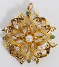 18KT YELLOW GOLD PEARL  EMERALD PENDANTBROOCH