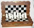 080261 CARVED  PAINTED TEAKWOOD  BAKELITE CHESS SET