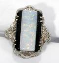 071306 WHITE GOLD FILIGREE OPAL  ONYX RING