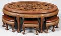 CARVED TEAKWOOD COFFEE TABLE  STOOLS 7 PIECES