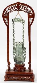 CHINESE CARVED SPINACH JADE HANGING COVERED VASE