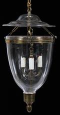 BRASS  GLASS 3 LIGHT COVERED HANGING HALL LIGHT