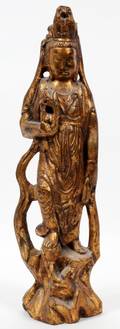 CARVED GILT WOOD STANDING FIGURE OF A QUAN YIN