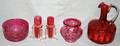 090389 CRANBERRY GLASS DECANTER ETCHED BOWL  3 VASES
