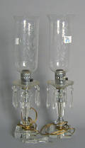 Pair of etched glass table lamps with prisms