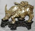 072373 CHINESE DORE BRONZE OX CARVED TEAKWOOD BASE