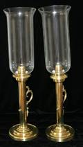 072368 ENGLISH BRASS CANDLESTICKS W GLASS GLOBES