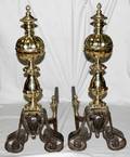 090470 BRASS ANDIRONS SCROLL FEET PAIR H30