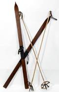 081493 ANTIQUE WOODEN SKIS W BAMBOO  LEATHER POLES