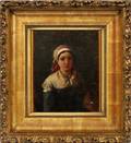 OIL PAINTING ON CANVAS YOUNG GIRL W SCARF 19TH C