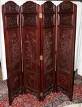 072497 CHINESE HAND CARVED TEAKWOOD FOUR PANEL SCREEN
