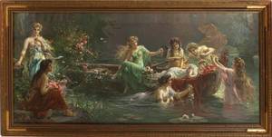 COLOR PRINT W EIGHT VIRGINS AND CANOE