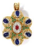 GOLD DIAMOND RUBY EMERALD  LAPIS PENDANTBROOCH