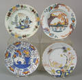 Three Dutch and one English delft polychrome plates mid 18th c