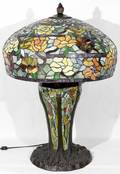 081037 LEADED GLASS  PATINATED METAL LAMP