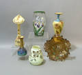 Six pieces enamel decorated glass and pottery