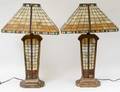 PAIR OF LEADED GLASS LAMPS AND SHADES
