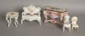 Five pieces of painted porcelain miniature furniture