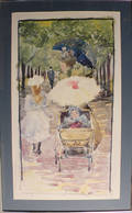 Watercolor print of a young girl and baby with nanny in the city park