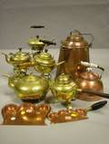 Nine Brass and Copper Hot Water Pots on Stand Kettles and Crumbers