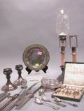 Group of Assorted Sterling and Plated Flatware Candleholders and Table Items