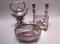 Gorham Electroplate Reticulated Basket a Dish Kettle on Stand and a Pair of Georgianstyle Candlesticks