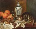 American School 19th20th Century A Questionable PlaymateTable Top Still Life with Cat and Wasp