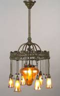 Moorish Bronze and Tiffany Gold Favrile Glass Chandelier