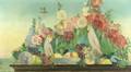 Sally Cross American 18741950 Still Life with Hollyhocks Fruit and Cockatoos