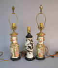 Pair Chinese export rose medallion table lamps