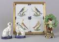Three Staffordshire Pearlware Figures and Four Framed Tiles