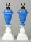 Pair of Blue and White Pressed Acanthus Leaf Fluid Lamps