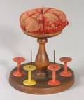 Shaker Turned Maple Pincushion Spool Holder with Four Painted Maple Spools