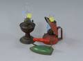 Two Miniature Painted Tin Oil Lamps and a Childs Iron