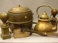 Brass Coal Bin Hot Water Kettle a Pair of Andirons and Three Tools