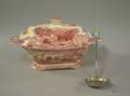 Johnson Brothers Red and White Old Castle Transfer Pattern Ceramic Tureen with an English Silver Plated Ladle