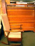 Edwardian Cherry Paneled and Spindle Bed and an Upholstered Mahogany Armrocker