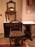Victorian White Marbletop Walnut Stand Commode and Set of Three Side Chairs