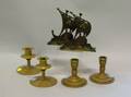 One Pair of Arts  Crafts Bronze and Mixed Metal Candleholders and Bookends and a Pair of Art Deco Bronze Candleholders
