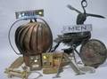 Group of Brass and Metal Architectural Fittings Etc Four Etched Glass Globes and a Collection of Printers Letter Blocks
