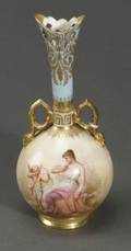 German Porcelain Bud Vase ovoid with slender neck flaring slightly at pierced rim short gilt handles handpainted to one side with C