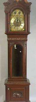 Late Victorian Georgianstyle Carved Mahogany Tall Case Chiming Clock